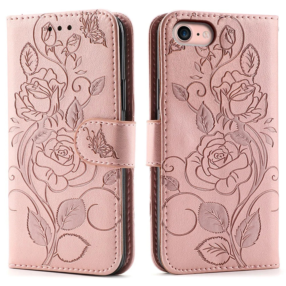 For iPhone 17e / 16e Case Wallet Stand Imprinted Rose Butterfly PU Leather Phone Cover - Rose Gold - 1