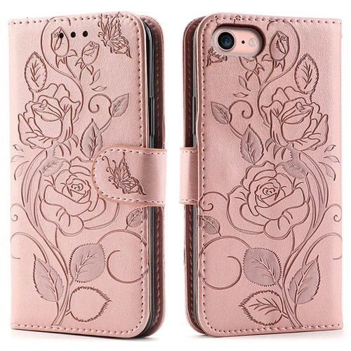 For iPhone 17e / 16e Case Wallet Stand Imprinted Rose Butterfly PU Leather Phone Cover - Rose Gold - 1