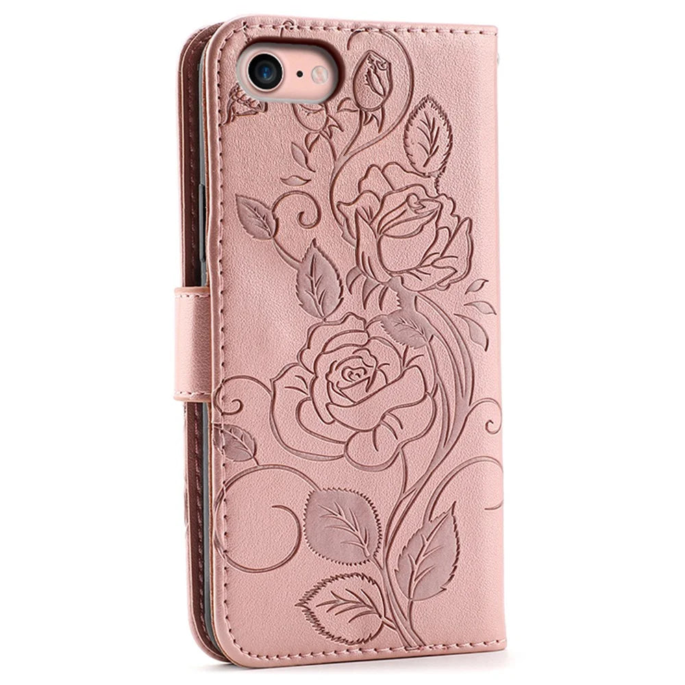 For iPhone 17e / 16e Case Wallet Stand Imprinted Rose Butterfly PU Leather Phone Cover - Rose Gold - 5