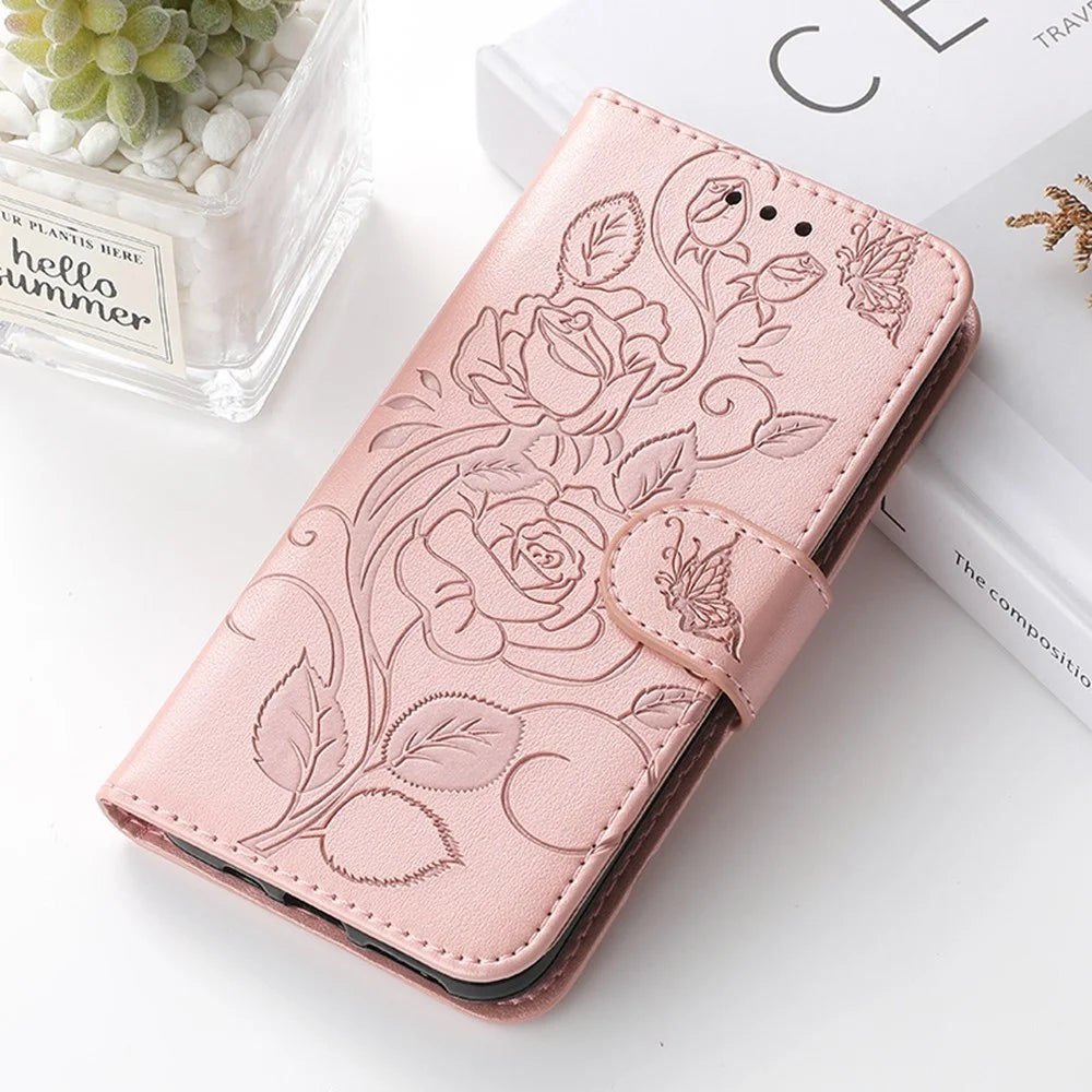For iPhone 17e / 16e Case Wallet Stand Imprinted Rose Butterfly PU Leather Phone Cover - Rose Gold - 6