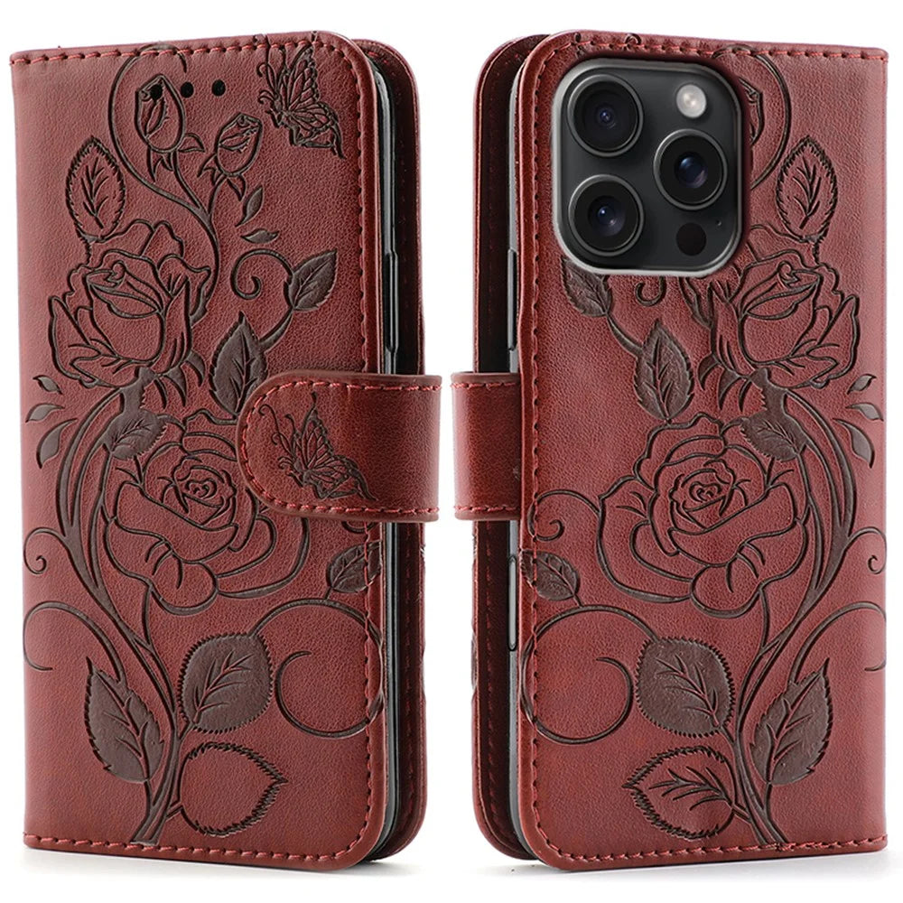 For iPhone 16 Pro Max Case Wallet Stand Imprinted Rose Butterfly PU Leather Phone Cover - Brown - 1