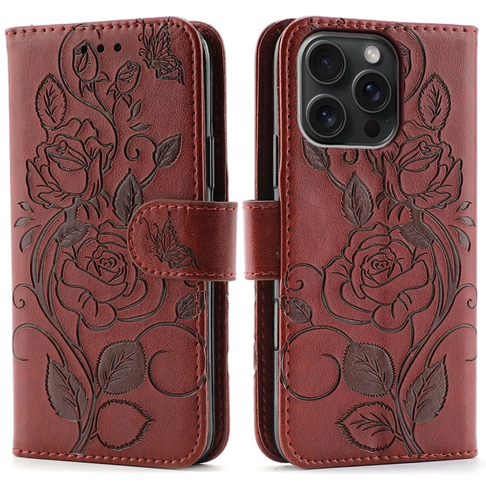 For iPhone 16 Pro Max Case Wallet Stand Imprinted Rose Butterfly PU Leather Phone Cover - Brown - 1