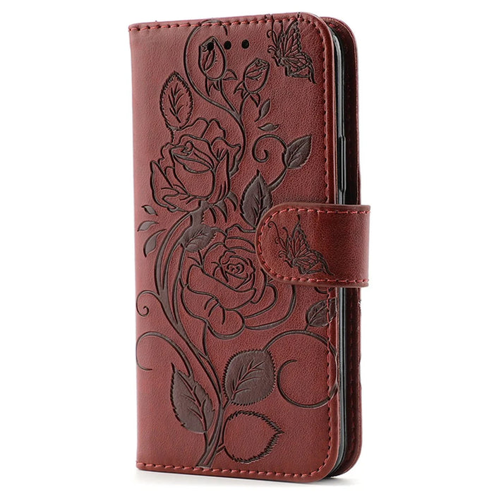 For iPhone 16 Pro Max Case Wallet Stand Imprinted Rose Butterfly PU Leather Phone Cover - Brown - 4