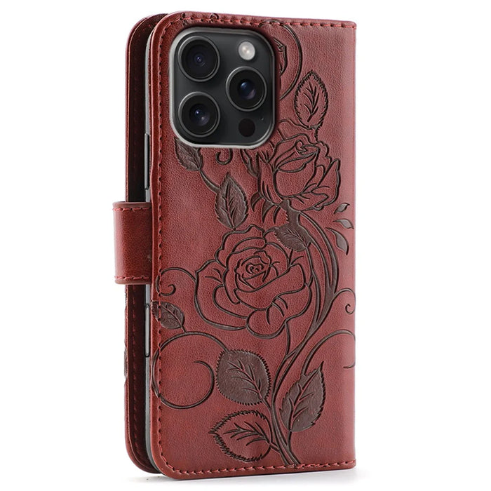 For iPhone 16 Pro Max Case Wallet Stand Imprinted Rose Butterfly PU Leather Phone Cover - Brown - 5