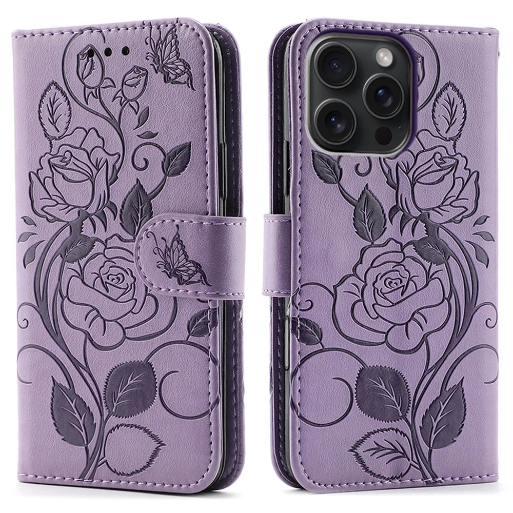 For iPhone 16 Pro Case Wallet Stand Imprinted Rose Butterfly PU Leather Phone Cover - Purple - 1