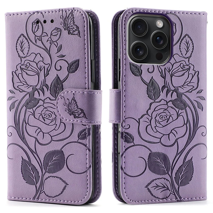 For iPhone 16 Pro Case Wallet Stand Imprinted Rose Butterfly PU Leather Phone Cover - Purple - 1