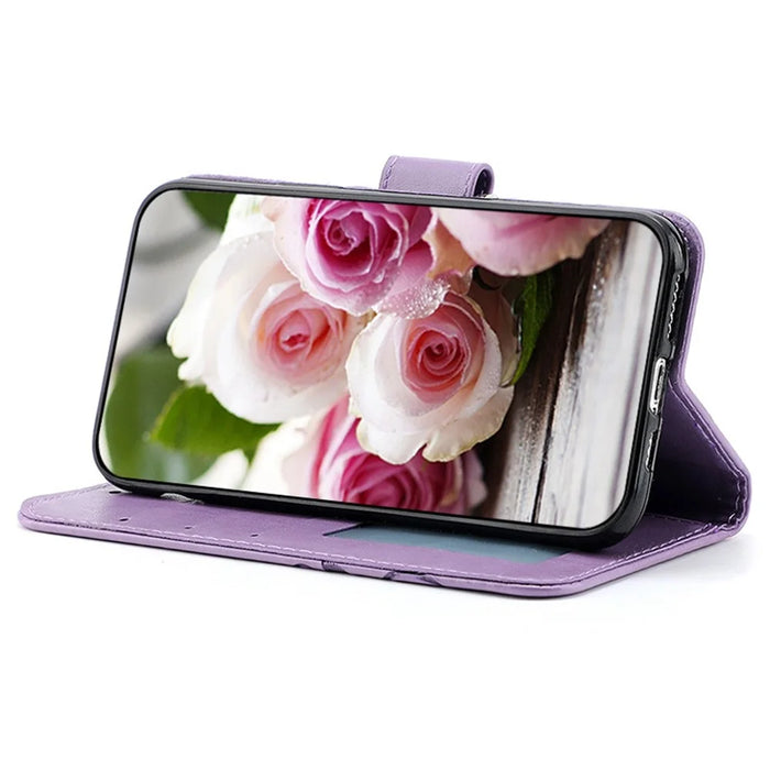For iPhone 16 Pro Case Wallet Stand Imprinted Rose Butterfly PU Leather Phone Cover - Purple - 3