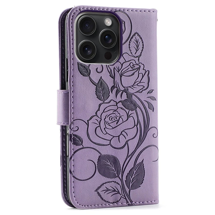 For iPhone 16 Pro Case Wallet Stand Imprinted Rose Butterfly PU Leather Phone Cover - Purple - 5