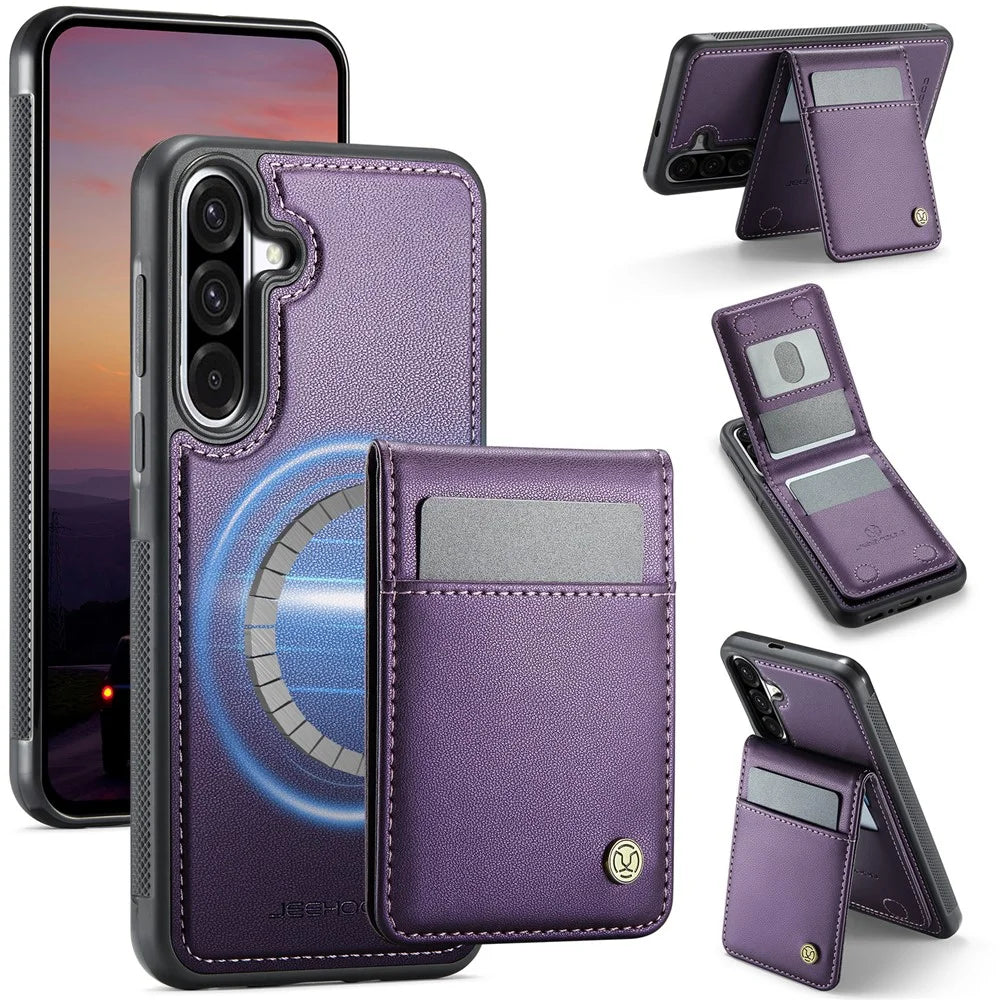 JEEHOOD For Samsung Galaxy A36 5G Leather Back Cover Magnetic Case  J06 Phone Case with Card Bag RFID Blocking - Purple - 1