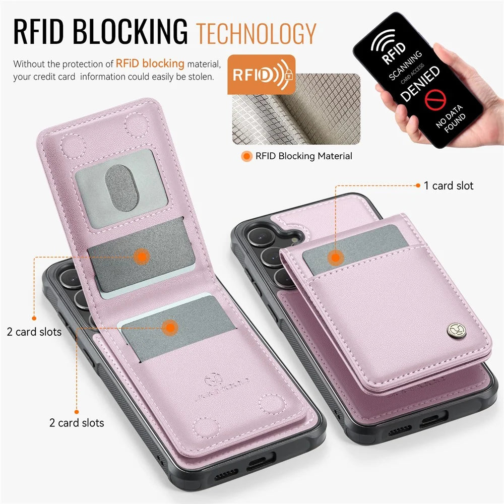 JEEHOOD For Samsung Galaxy S25 Leather Back Cover Magnetic Case  J06 Phone Case with Card Bag RFID Blocking - Pink - 3