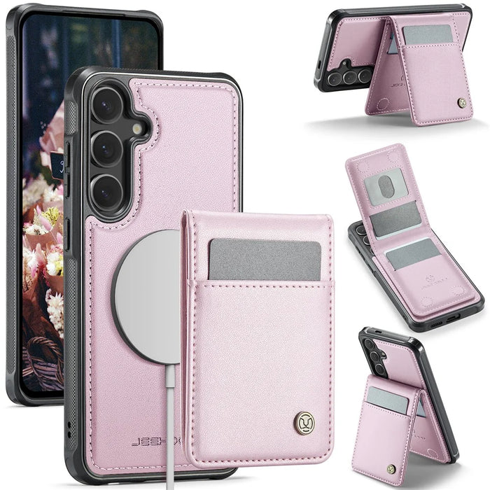 JEEHOOD For Samsung Galaxy S24 Leather Back Cover Magnetic Case  J06 Phone Case with Card Bag RFID Blocking - Pink - 1