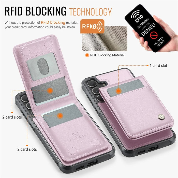 JEEHOOD For Samsung Galaxy S24 Leather Back Cover Magnetic Case  J06 Phone Case with Card Bag RFID Blocking - Pink - 3