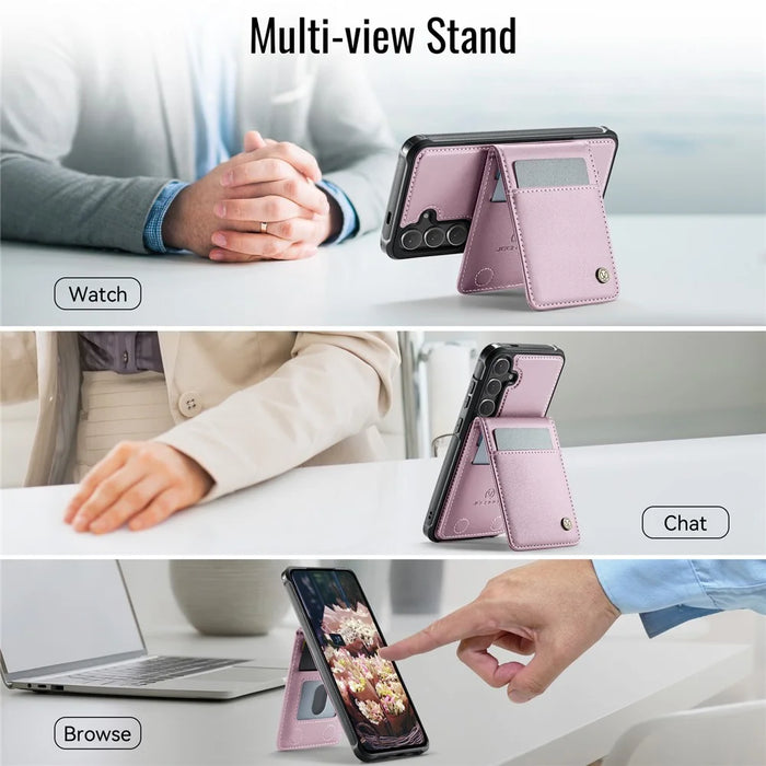 JEEHOOD For Samsung Galaxy S24 Leather Back Cover Magnetic Case  J06 Phone Case with Card Bag RFID Blocking - Pink - 6