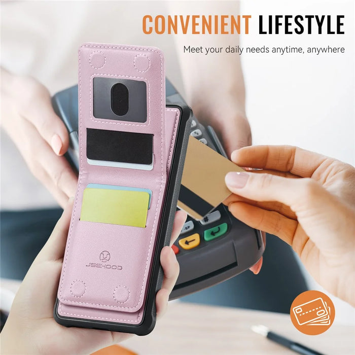 JEEHOOD For Samsung Galaxy S24 Leather Back Cover Magnetic Case  J06 Phone Case with Card Bag RFID Blocking - Pink - 7