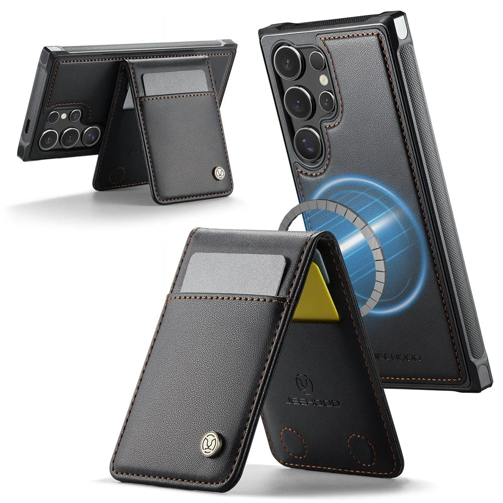 JEEHOOD For Samsung Galaxy S24 Ultra Leather Back Cover Magnetic Case  J06 Phone Case with Card Bag RFID Blocking - Black - 2