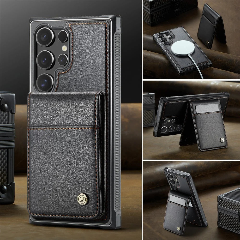 JEEHOOD For Samsung Galaxy S24 Ultra Leather Back Cover Magnetic Case  J06 Phone Case with Card Bag RFID Blocking - Black - 4