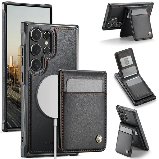 JEEHOOD For Samsung Galaxy S23 Ultra Leather Back Cover Magnetic Case  J06 Phone Case with Card Bag RFID Blocking - Black - 1