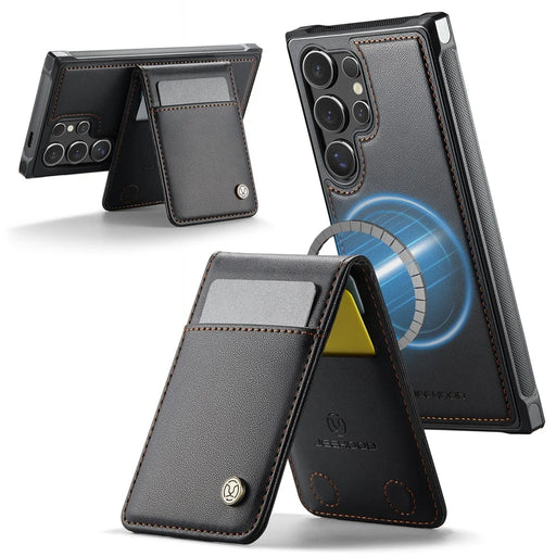 JEEHOOD For Samsung Galaxy S23 Ultra Leather Back Cover Magnetic Case  J06 Phone Case with Card Bag RFID Blocking - Black - 2