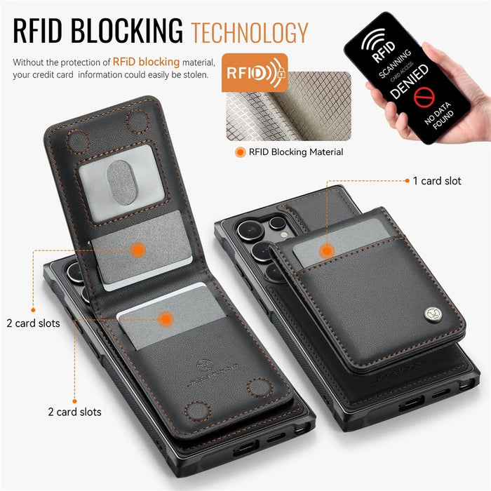 JEEHOOD For Samsung Galaxy S23 Ultra Leather Back Cover Magnetic Case  J06 Phone Case with Card Bag RFID Blocking - Black - 3