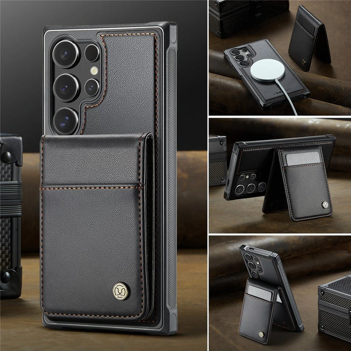 JEEHOOD For Samsung Galaxy S23 Ultra Leather Back Cover Magnetic Case  J06 Phone Case with Card Bag RFID Blocking - Black - 4
