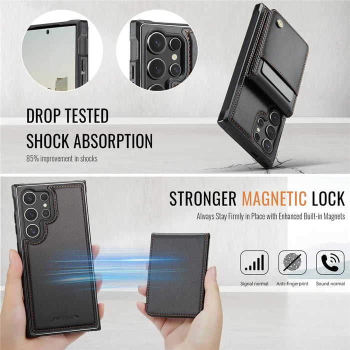 JEEHOOD For Samsung Galaxy S23 Ultra Leather Back Cover Magnetic Case  J06 Phone Case with Card Bag RFID Blocking - Black - 5