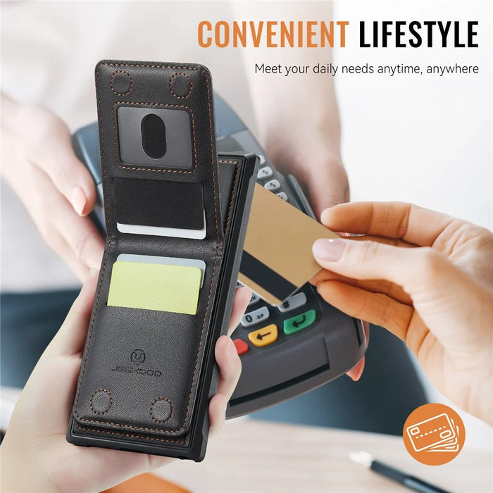 JEEHOOD For Samsung Galaxy S23 Ultra Leather Back Cover Magnetic Case  J06 Phone Case with Card Bag RFID Blocking - Black - 7