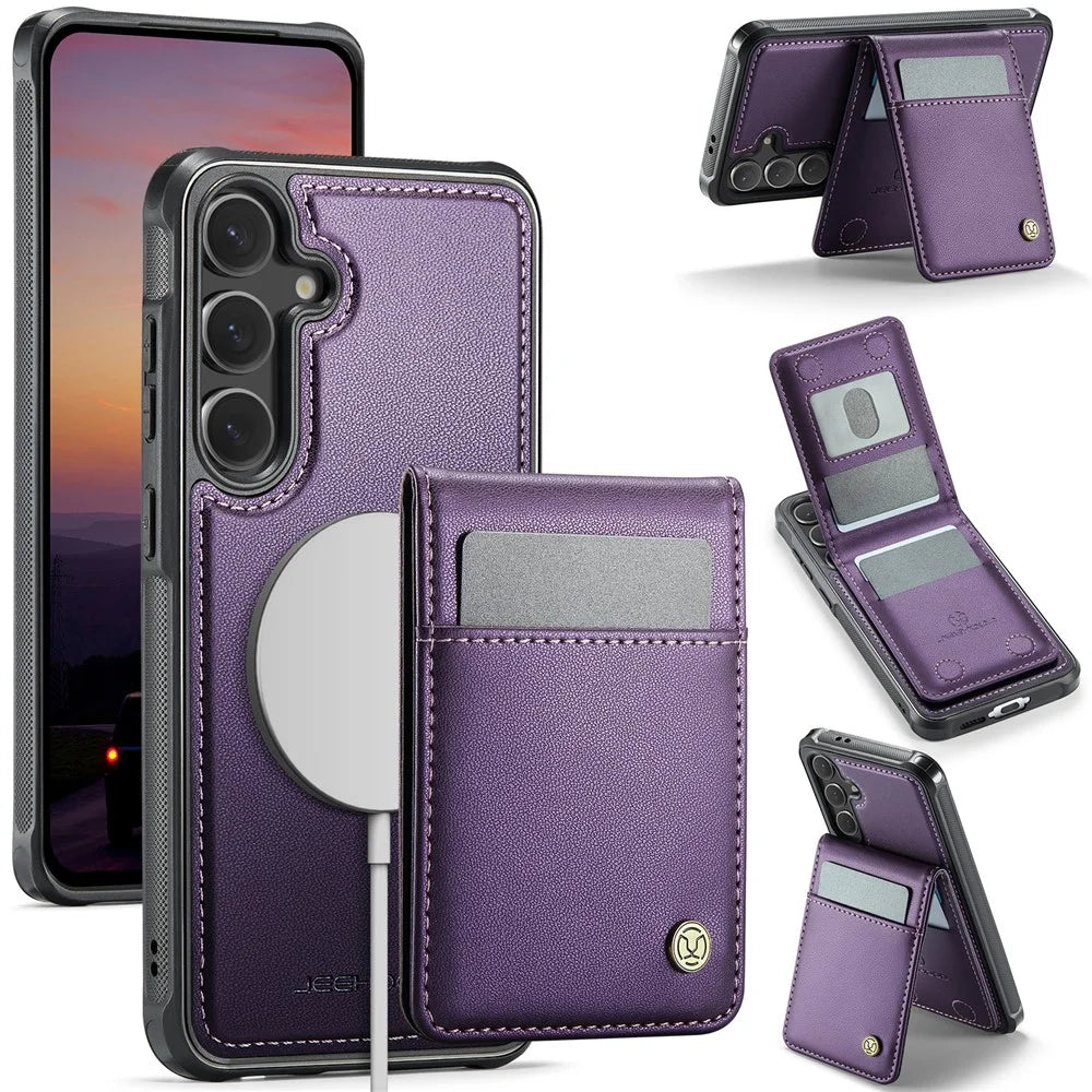 JEEHOOD For Samsung Galaxy S24 FE Leather Back Cover Magnetic Case  J06 Phone Case with Card Bag RFID Blocking - Purple - 1