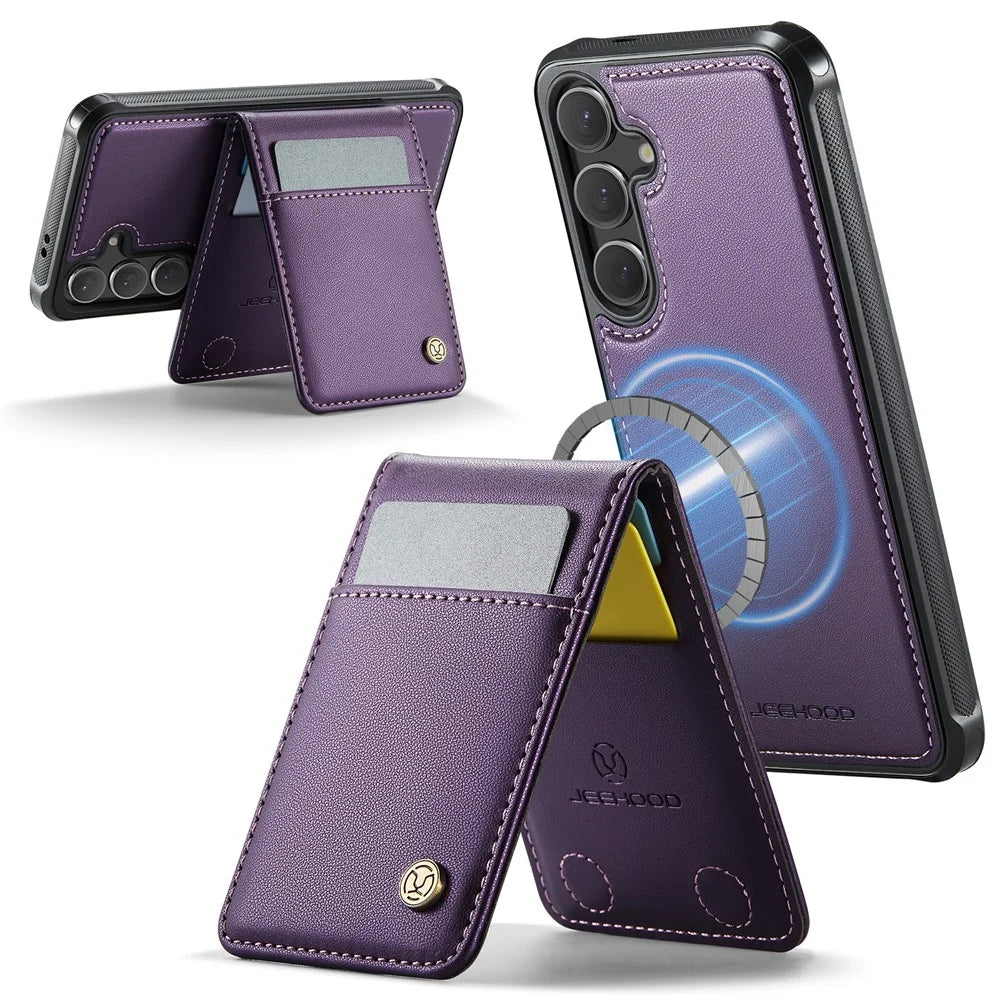 JEEHOOD For Samsung Galaxy S24 FE Leather Back Cover Magnetic Case  J06 Phone Case with Card Bag RFID Blocking - Purple - 2