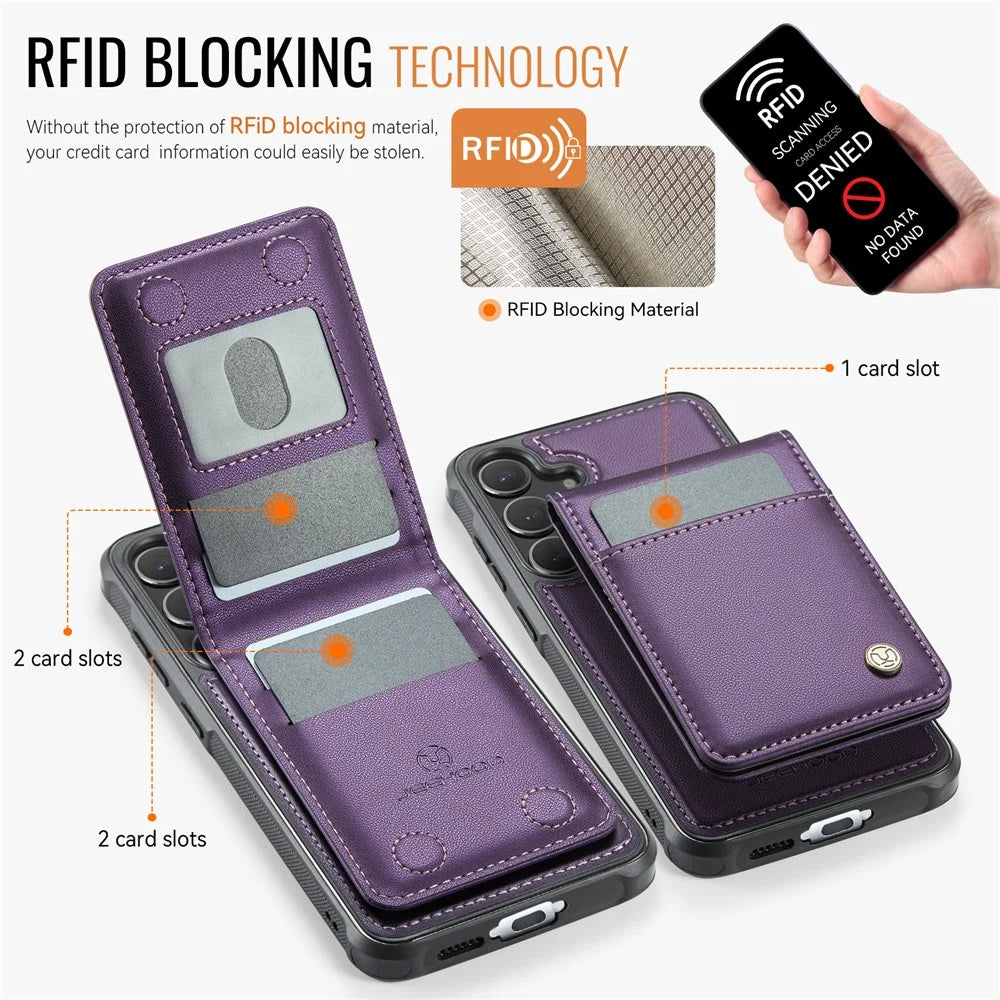 JEEHOOD For Samsung Galaxy S24 FE Leather Back Cover Magnetic Case  J06 Phone Case with Card Bag RFID Blocking - Purple - 3