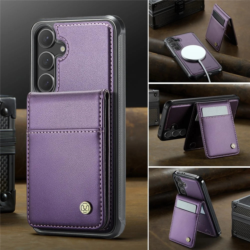 JEEHOOD For Samsung Galaxy S24 FE Leather Back Cover Magnetic Case  J06 Phone Case with Card Bag RFID Blocking - Purple - 4