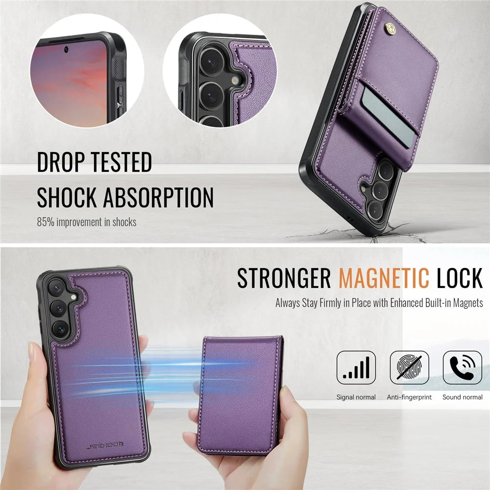 JEEHOOD For Samsung Galaxy S24 FE Leather Back Cover Magnetic Case  J06 Phone Case with Card Bag RFID Blocking - Purple - 5