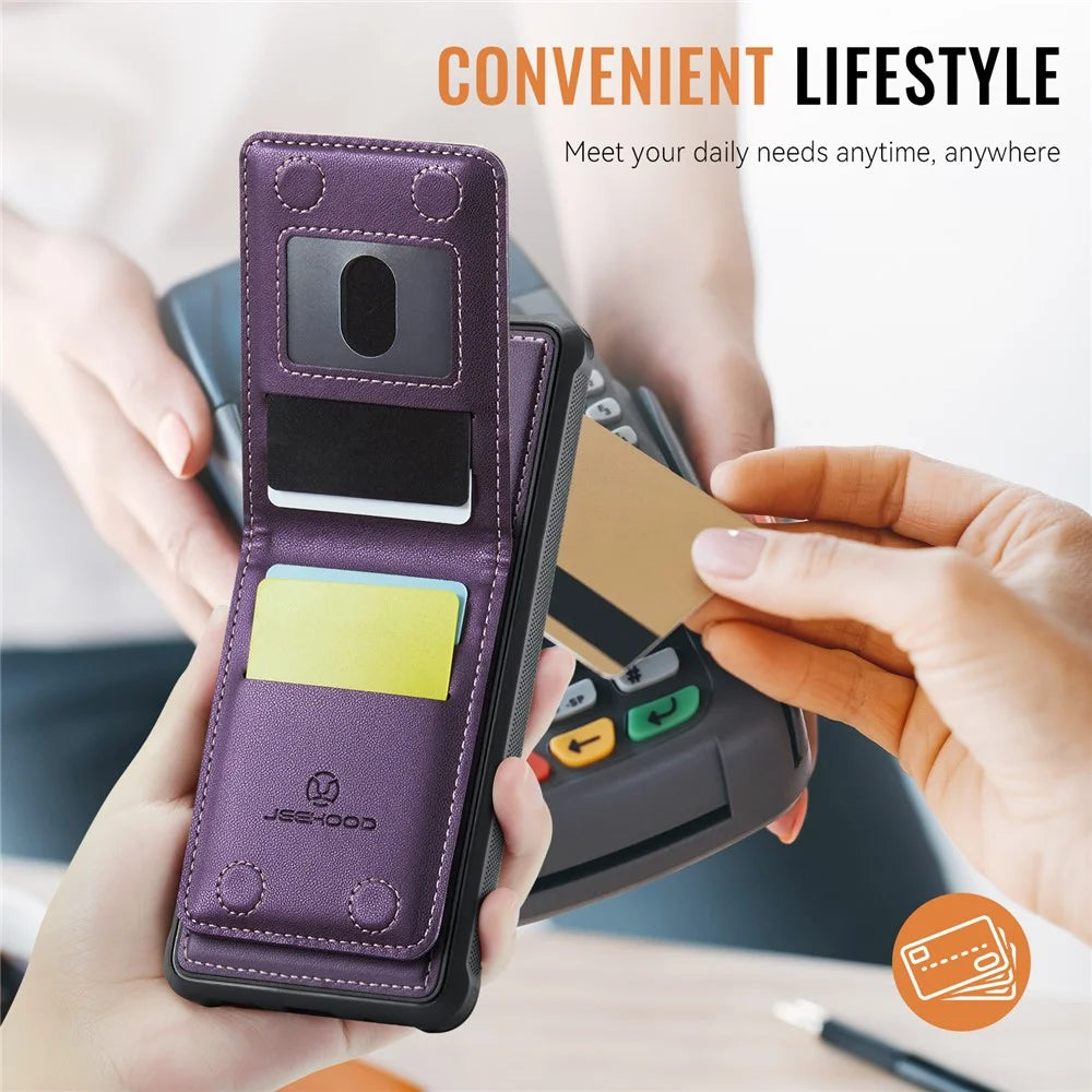 JEEHOOD For Samsung Galaxy S24 FE Leather Back Cover Magnetic Case  J06 Phone Case with Card Bag RFID Blocking - Purple - 7