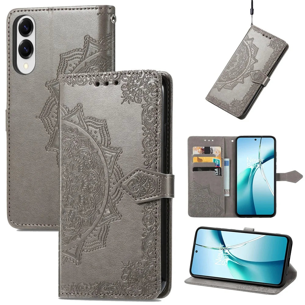 For Samsung Galaxy S25 Edge Wallet Case Mandala Flower Leather Phone Cover Stand - Grey - 1