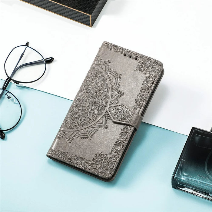 For Samsung Galaxy S25 Edge Wallet Case Mandala Flower Leather Phone Cover Stand - Grey - 5