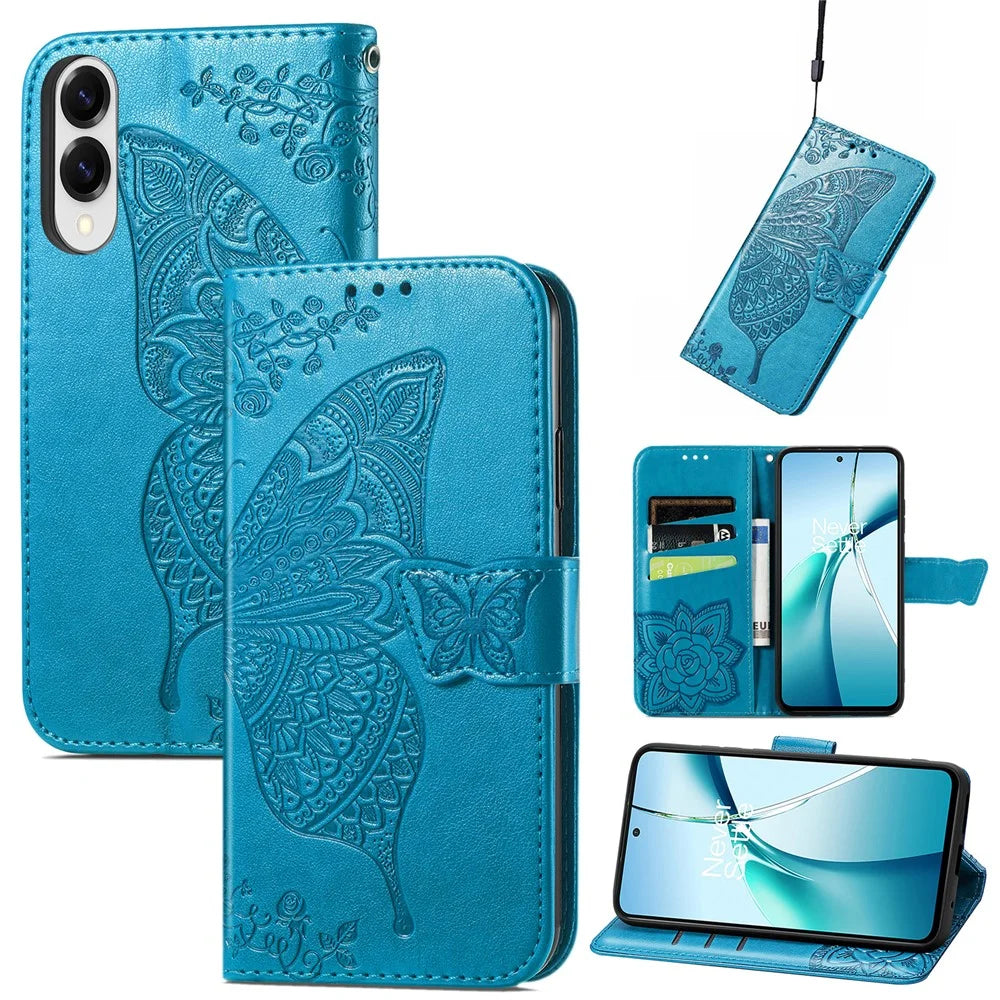 For Samsung Galaxy S25 Edge Case with Strap Butterfly Pattern PU Leather Wallet Phone Cover - Blue - 1