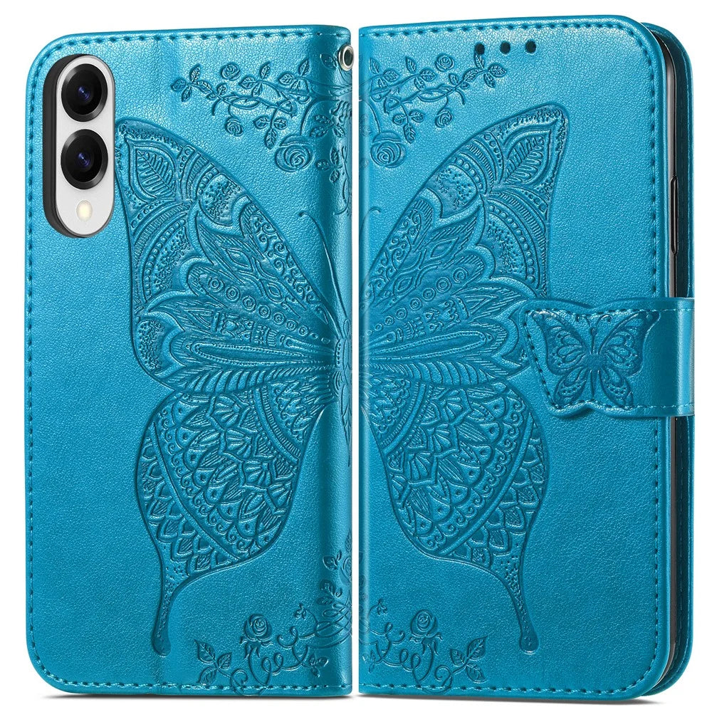 For Samsung Galaxy S25 Edge Case with Strap Butterfly Pattern PU Leather Wallet Phone Cover - Blue - 2