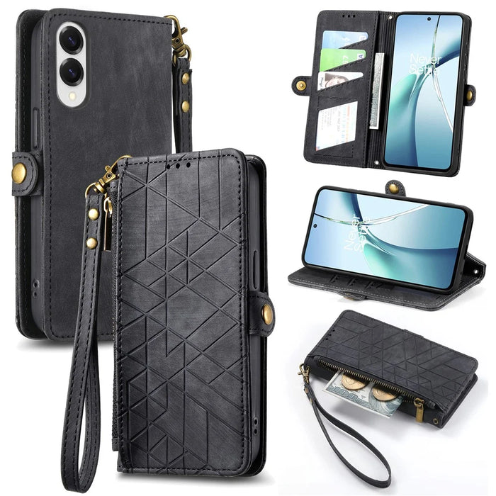 For Samsung Galaxy S25 Edge Zipper Wallet Case Geometry Lines Leather Phone Cover with Strap - Black - 1