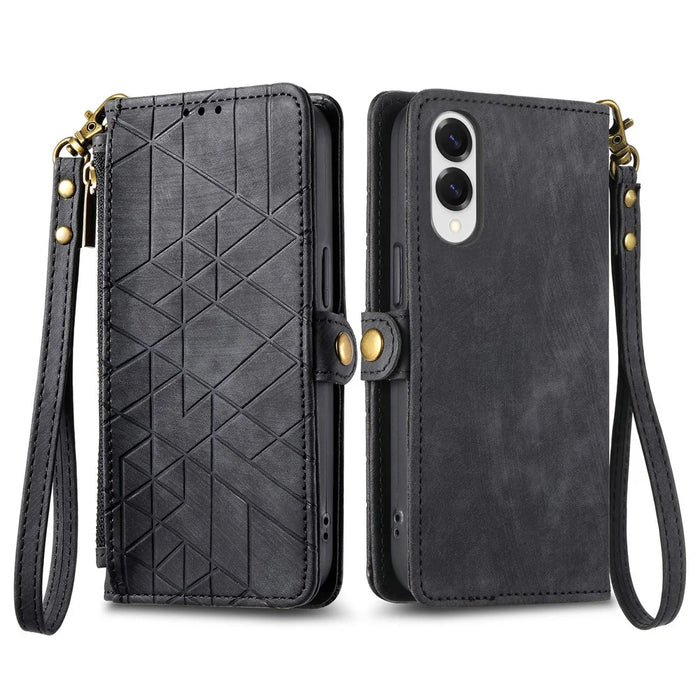 For Samsung Galaxy S25 Edge Zipper Wallet Case Geometry Lines Leather Phone Cover with Strap - Black - 2