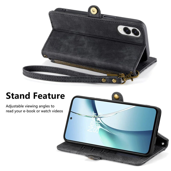 For Samsung Galaxy S25 Edge Zipper Wallet Case Geometry Lines Leather Phone Cover with Strap - Black - 4