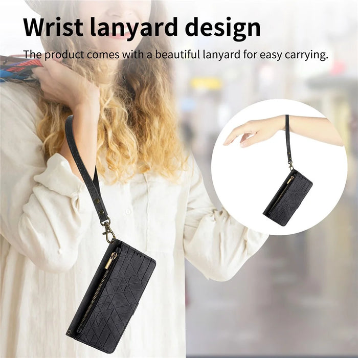 For Samsung Galaxy S25 Edge Zipper Wallet Case Geometry Lines Leather Phone Cover with Strap - Black - 5