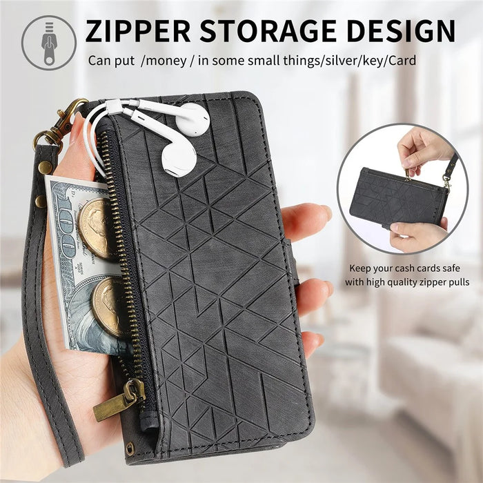 For Samsung Galaxy S25 Edge Zipper Wallet Case Geometry Lines Leather Phone Cover with Strap - Black - 6