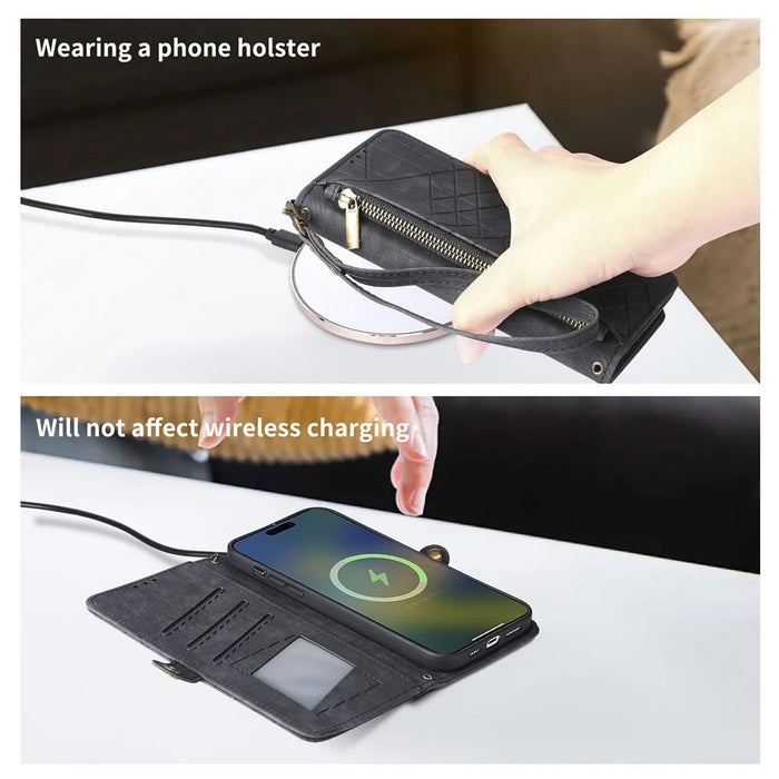 For Samsung Galaxy S25 Edge Zipper Wallet Case Geometry Lines Leather Phone Cover with Strap - Black - 7