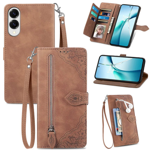 For Samsung Galaxy S25 Edge Zipper Wallet Case with Strap Flower Imprint PU Leather Phone Cover - Brown - 1