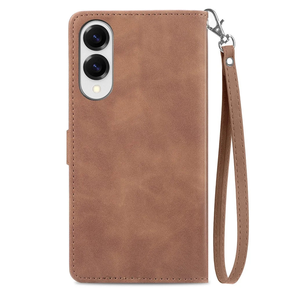 For Samsung Galaxy S25 Edge Zipper Wallet Case with Strap Flower Imprint PU Leather Phone Cover - Brown - 3