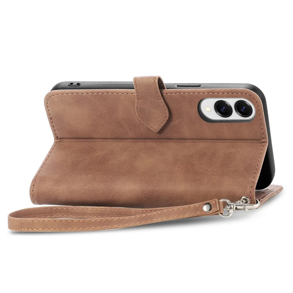 For Samsung Galaxy S25 Edge Zipper Wallet Case with Strap Flower Imprint PU Leather Phone Cover - Brown - 6