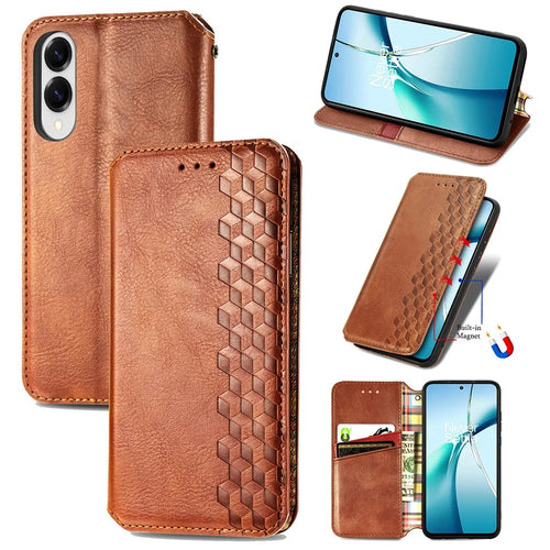 For Samsung Galaxy S25 Edge Case Rhombus Imprint PU Leather Wallet Phone Cover - Brown - 1