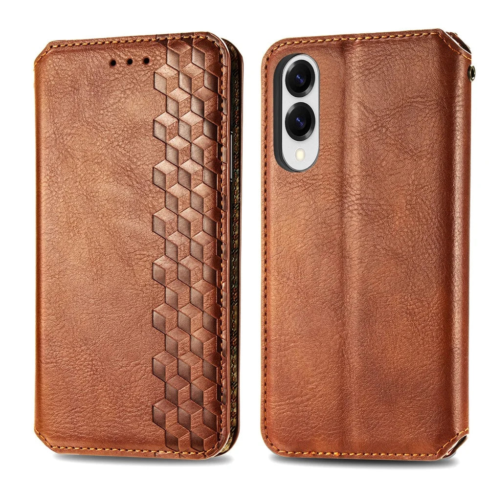 For Samsung Galaxy S25 Edge Case Rhombus Imprint PU Leather Wallet Phone Cover - Brown - 2