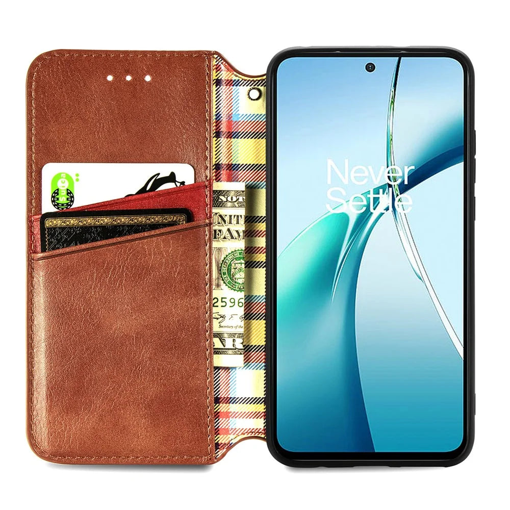 For Samsung Galaxy S25 Edge Case Rhombus Imprint PU Leather Wallet Phone Cover - Brown - 3