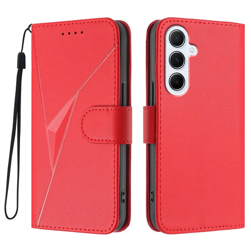 For Samsung Galaxy A56 5G Case Triangle Imprint Leather Phone Cover with Lanyard - Red - 1