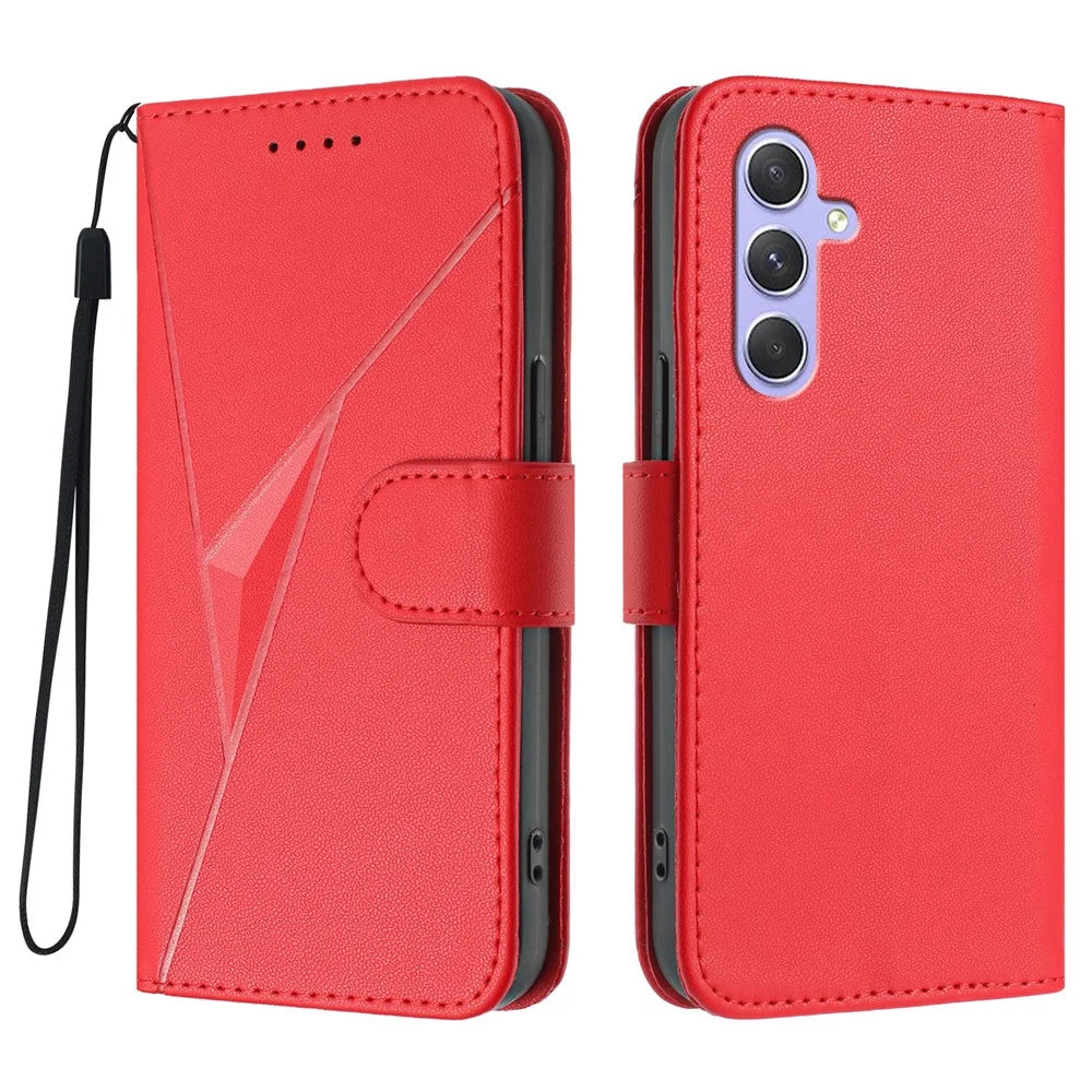 For Samsung Galaxy A55 5G Case Triangle Imprint Leather Phone Cover with Lanyard - Red - 1